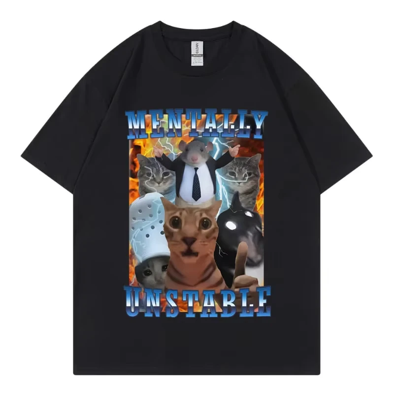 Camiseta Vintage mentalmente insestable con diseño de gato divertido para hombre y mujer, ropa de moda Y2k, camisetas informales de algodón, ropa de calle