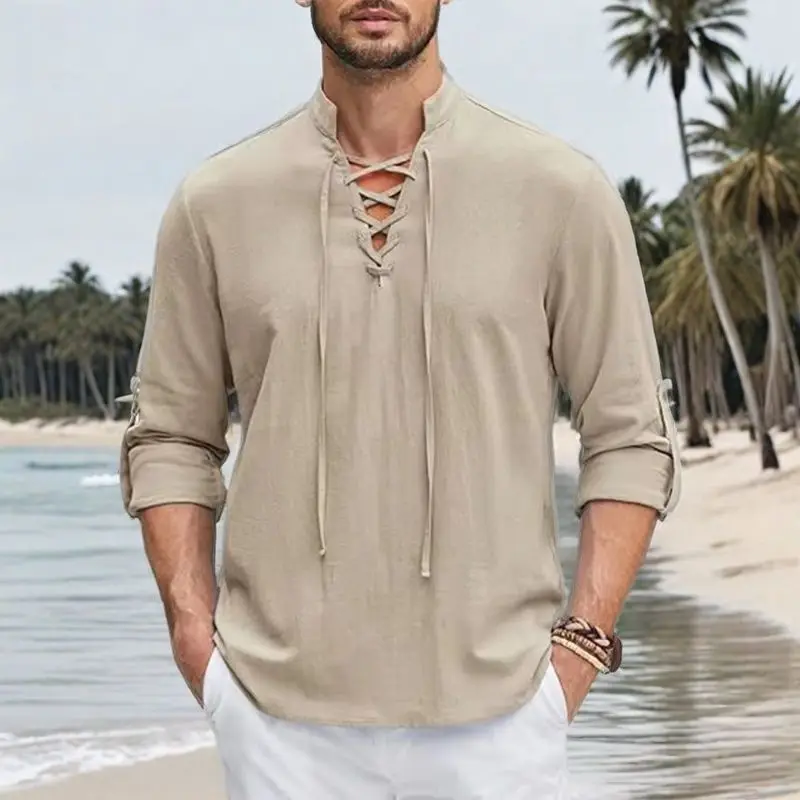 New Autumn Men's V-neck Shirt Fashion Retro Thin Men's Casual Breathable Cotton Linen Shirt Men's Versatile Daily Tops
