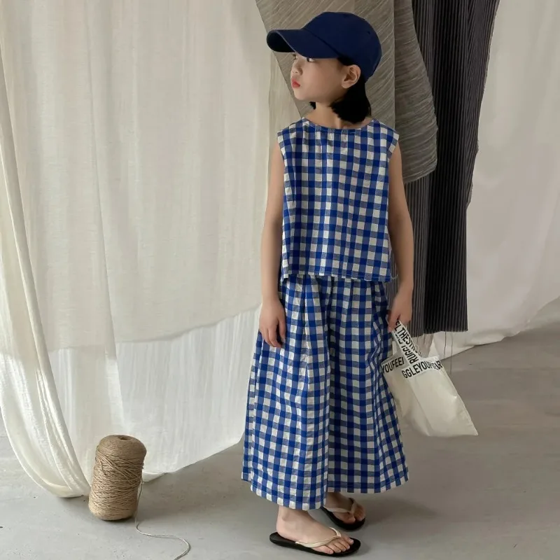 

children's Clothing Set 2025 Summer Baby Girl's Suit Plaid Vest +Wide-leg Pants Casual Loose 2-10Y Kid's Two-piece Suit