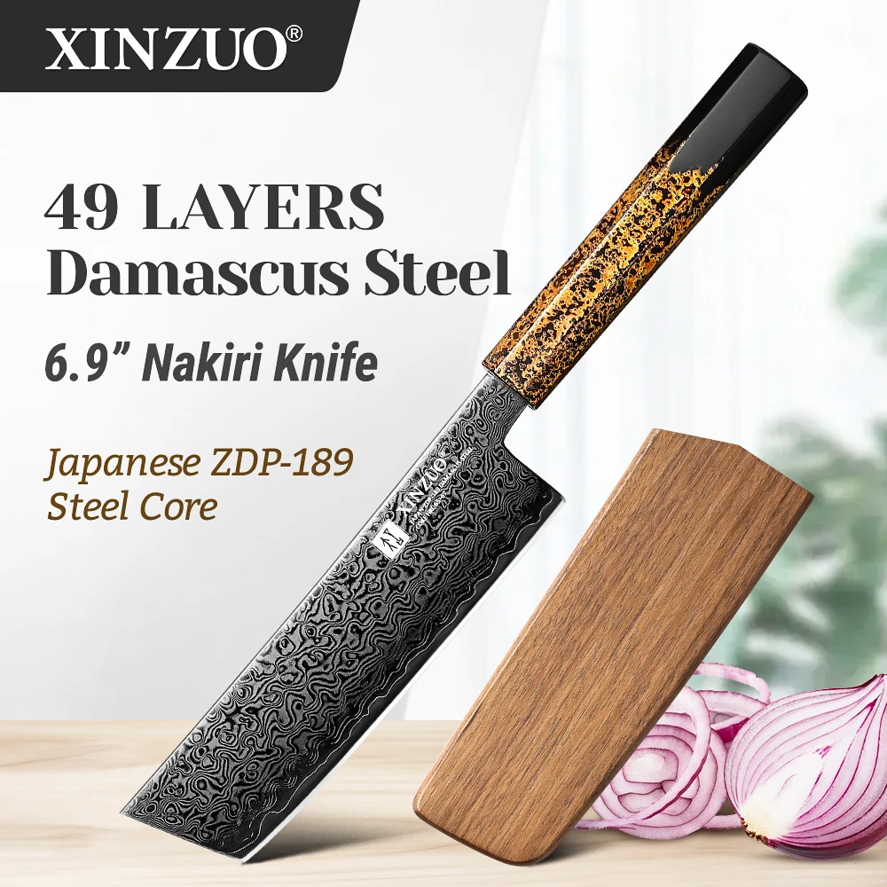 

XINZUO 6.9'' inch Nakiri Knife 49-Layer ZDP-189 Damascus Steel Japanese Style Meat Fruit Vegetable Knife with Octagonal Handle