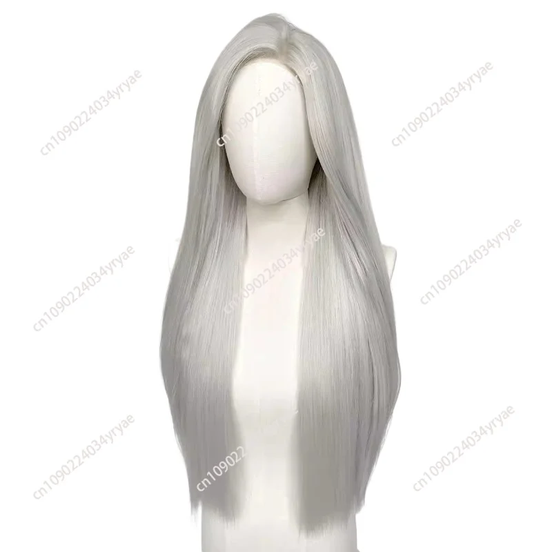 Front lace silver-white wig female long hair straight hair high temperature silk wig antique universal cos