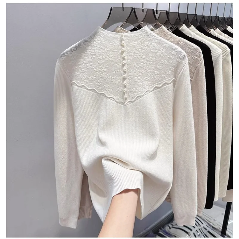 Half High Collar Women\'s Clothing Sweater Knitted Screw Thread Solid Pullover Long Sleeve Autumn Winter Lace Patchwork Tops