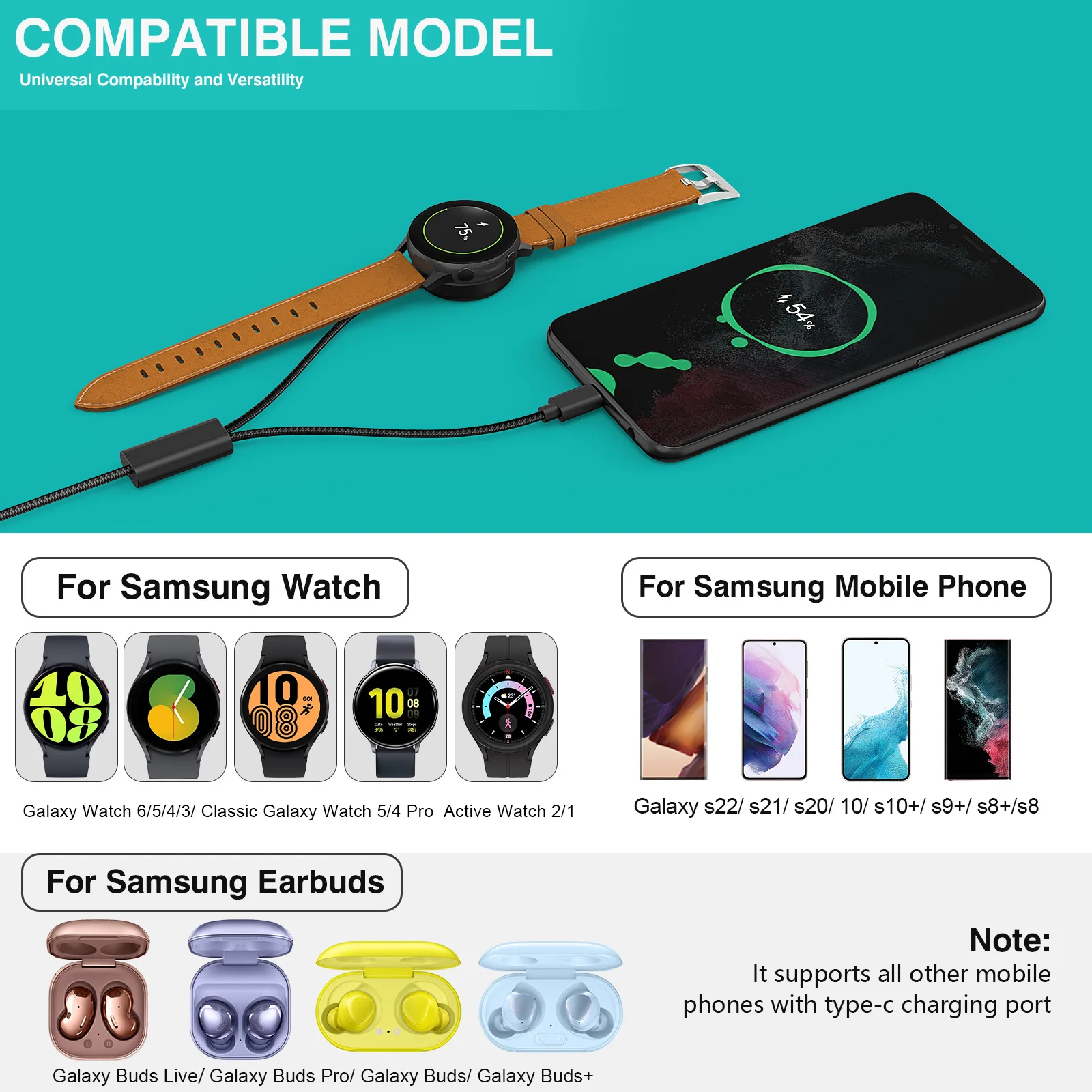 Cargador de reloj inteligente magnético USB-C 2 en 1 para Samsung Galaxy Watch 7/6/5/4/3/Classic, Pro 5/4, Active Watch 2/1, Galaxy Buds