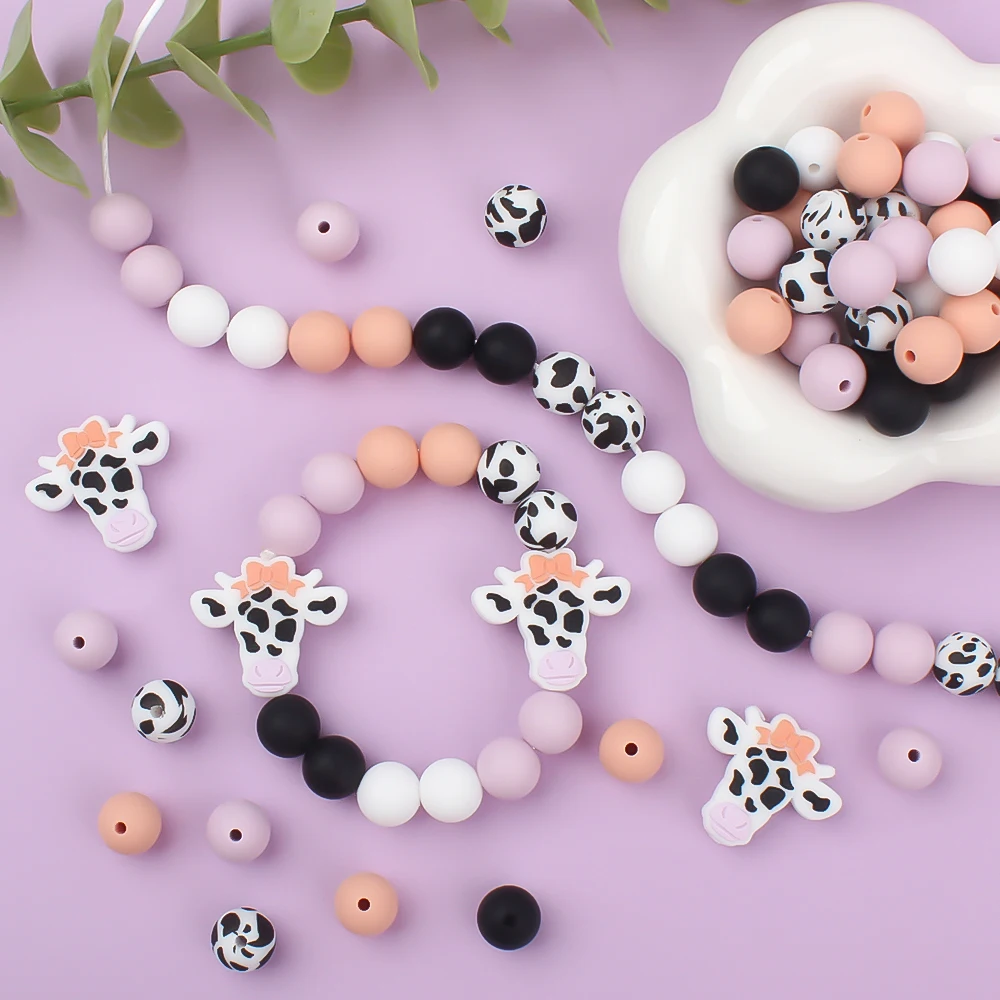 52Pcs/lot Cute Coloured Cow Silicone Beads Set Loose Beads for DIY Chain Jewelry Making Keychain Necklace Bracelet Accessories