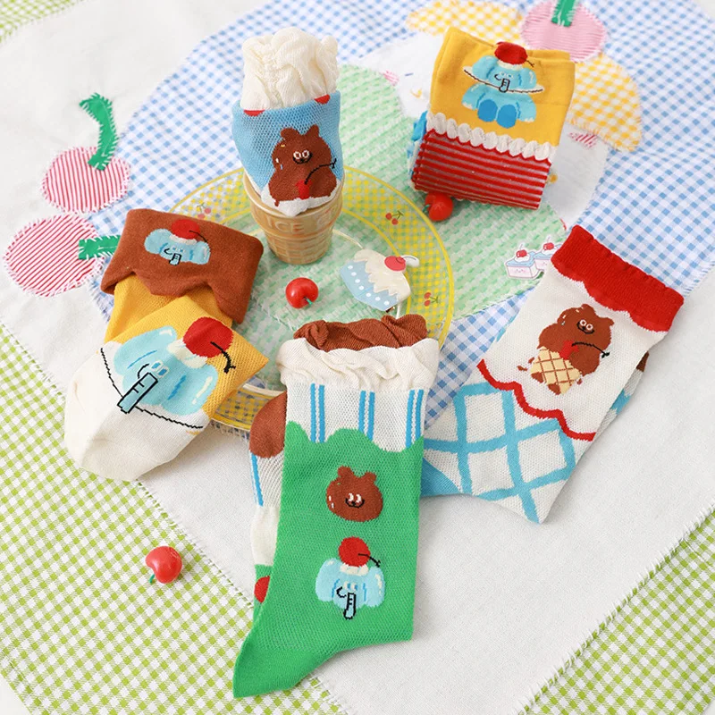 Cute Cartoon Pattern Women's Socks Colorful Patchwork Plaid Lolita Fashion Thin Loose Edge Mid-Tube Socks Wholesale