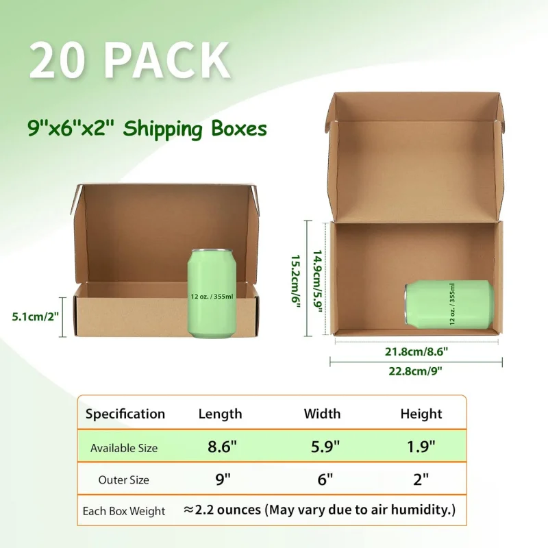 9x6x2 Boxes Set of 20, Brown Corrugated Cardboard Literature Mailer Box Packaging, Mailing, Business
