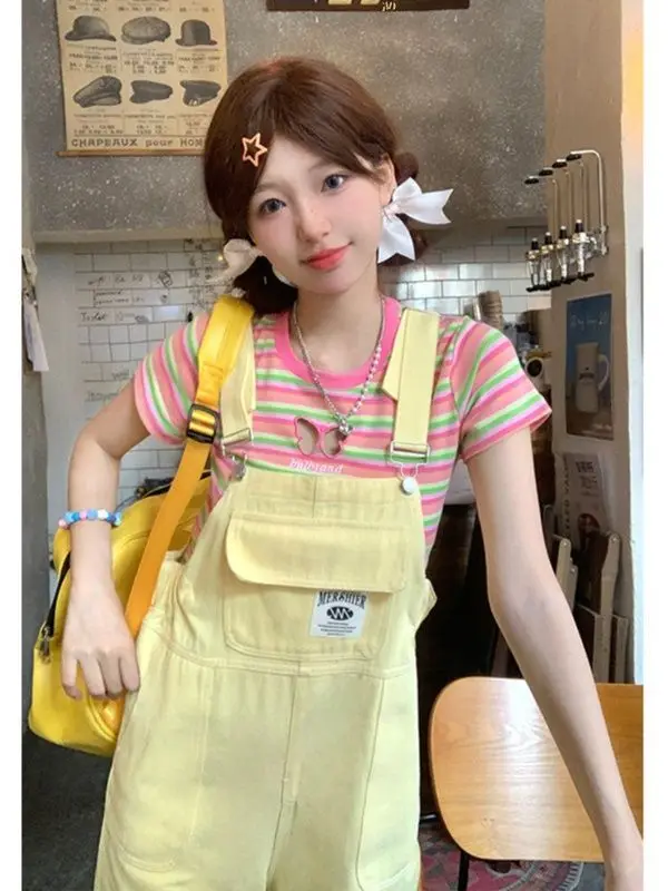 Summer Overalls Sweet Girl New Korean Fashion Yellow Workwear Style Denim Jumpsuit for Women Loose Causal Cargo Pants Women