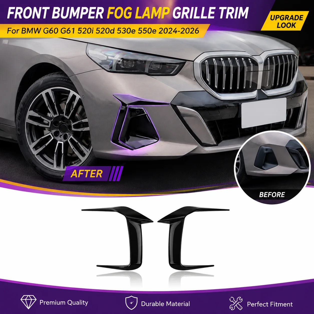 

For Bmw G60 G61 520i 520d 530e 550e 2024 2025 2026 Front Bumper Splitter Fog Lamp Grille Trim Cover Air Vent Body Kits Tuning