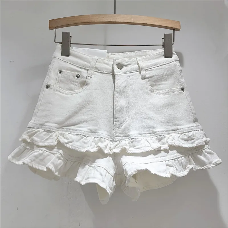 Pantaloncini di jeans con bordo dolce fungo alla moda coreana Pantaloncini a gamba larga a vita alta versatili elastici super belli estivi da donna