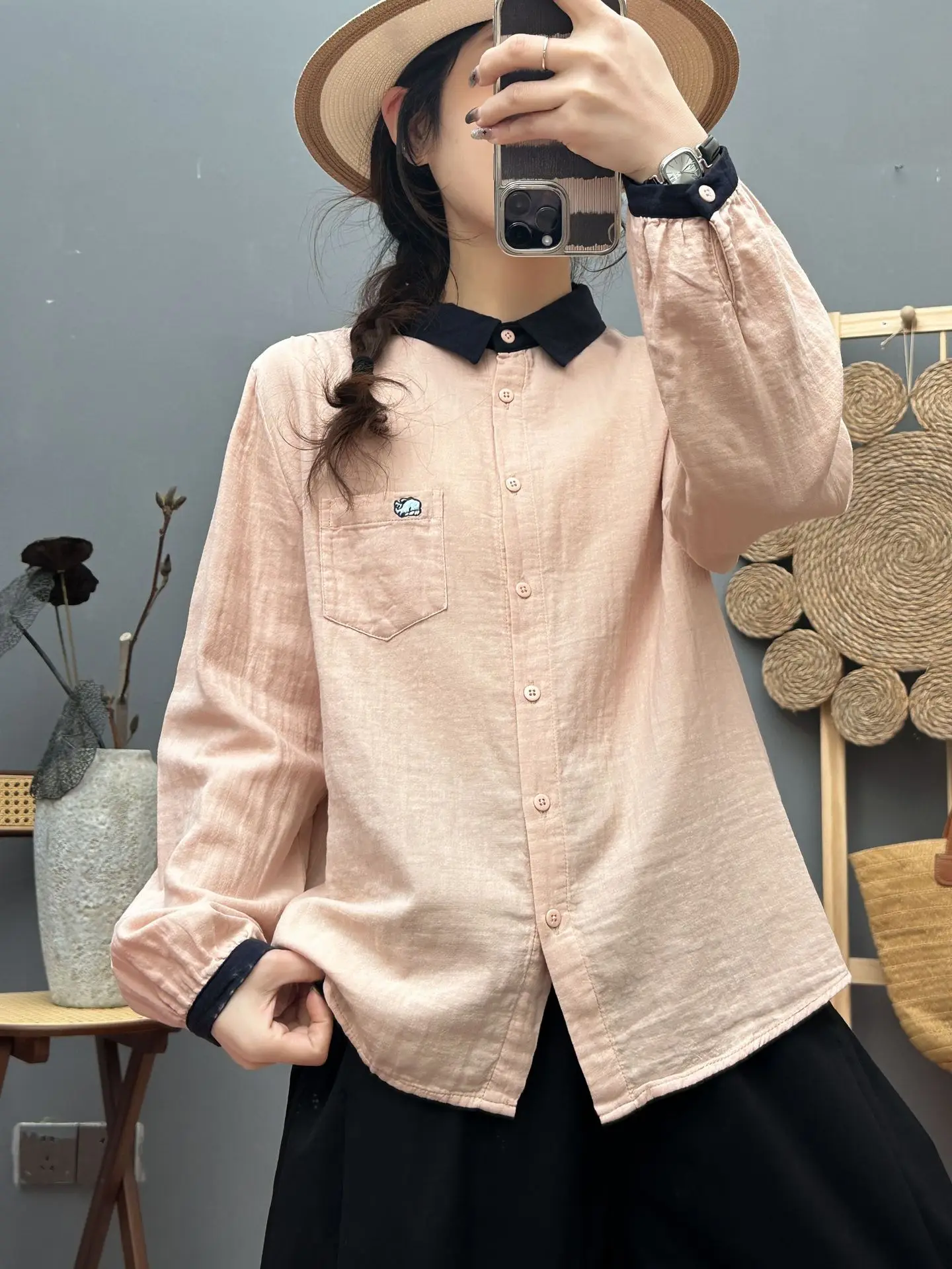 ใหม่2025ฤดูร้อนเส้นด้ายฝ้ายเสื้อแขนยาวผู้หญิงTurn-Down Collar Patchwork, Moriสาวเรียบง่ายนุ่มหลวมเสื้อt54815CC