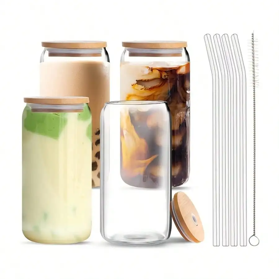 

4-Piece 16.5oz Can-shaped Glass Cup Set w/Lid, Straw, Brush for Beverages