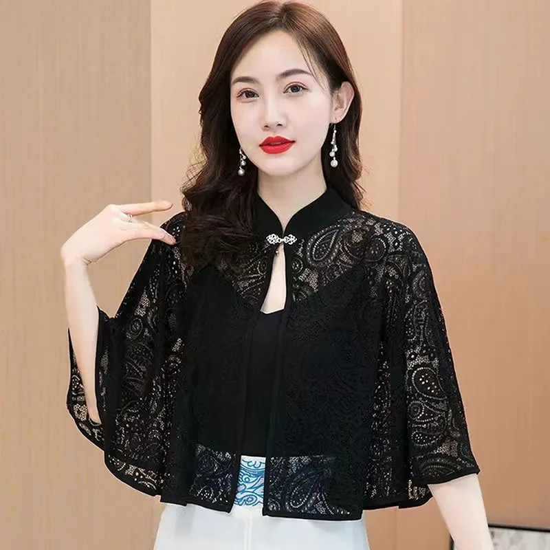 Spring Summer Shawl Coat Thin Scarf Long Sleeve Lace Temperament Cardigan Outwear Shoulder False Collar Out All-match Ponchos view 3