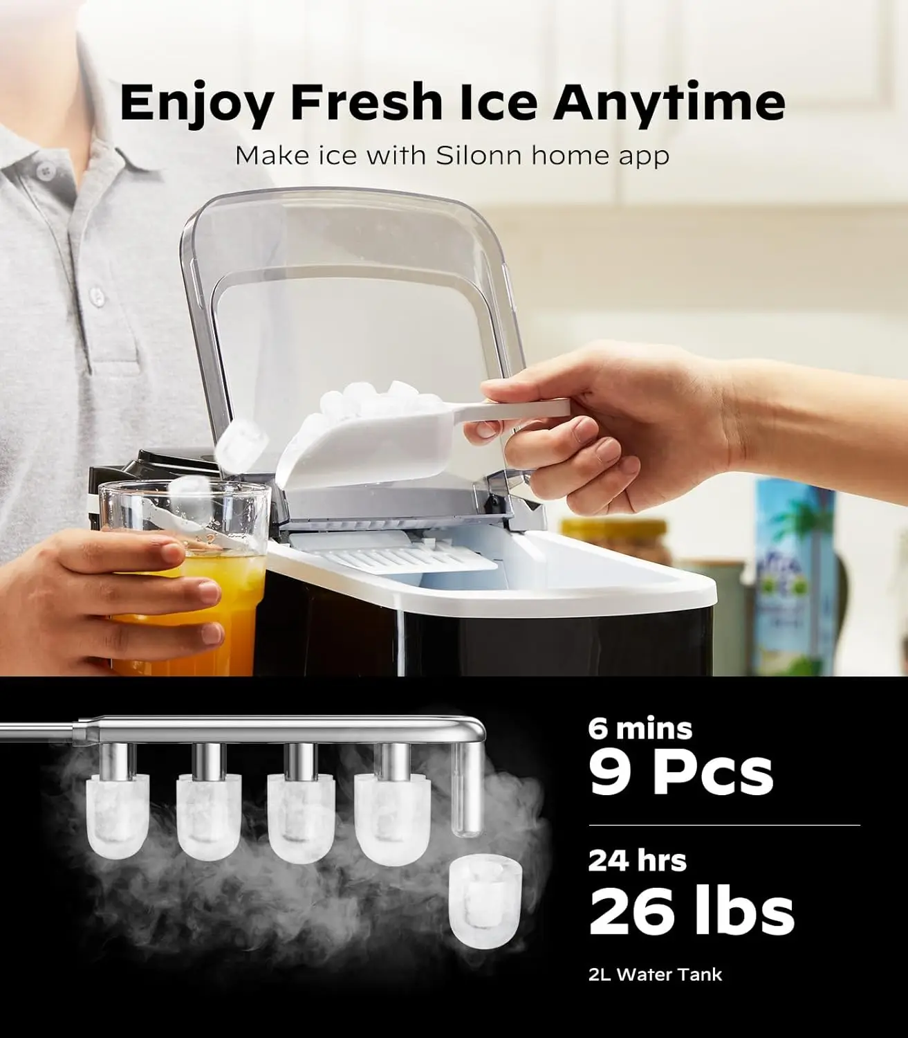Ice Maker,App Control, 9 Cubes In 6 Mins, 26 Lbs Per Day, 2 Ice Cube Sizes, Self-Cleaning For Kitchen/OfficeIce Maker Machine