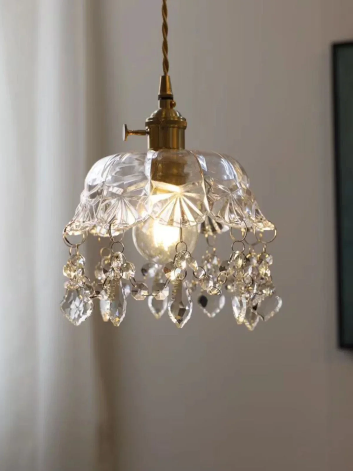 

ins wind retro brass glass small chandelier, simple modern bedside balcony crystal light, aisle entrance corridor light