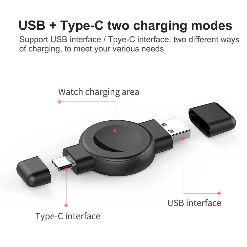 Portable USB-A/C 2 in 1 Wireless Charger For Apple Watch 9 8 7 6 5 4 3 fast Charging Station For Samsung Galaxy Watch 5 4 3 2 1