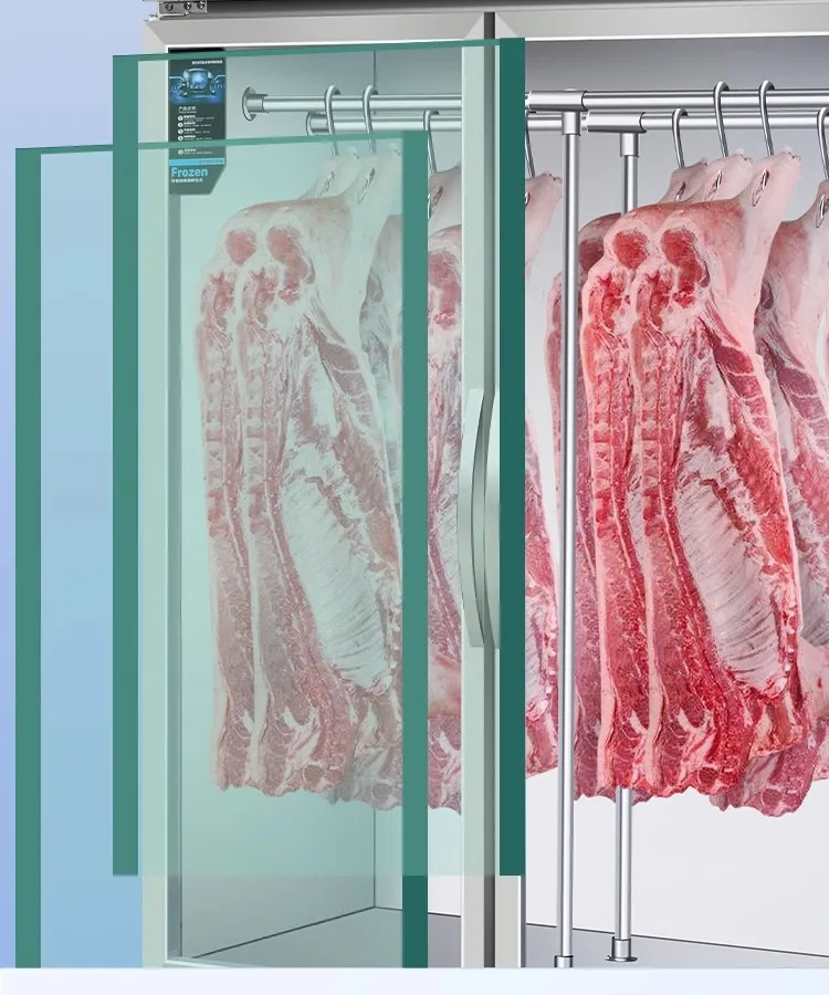 Hanging meat cabinet, commercial vertical display, frozen and refrigerated display, preservation of pigs, cows, and lamb meat