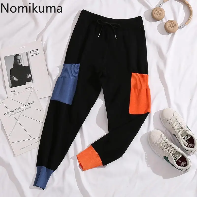 

Casual Pantalon Femme Contrast Color Fashion Harem Pants Women Clothing High Waist Pockets Knitting Trousers 2023 New Bottoms