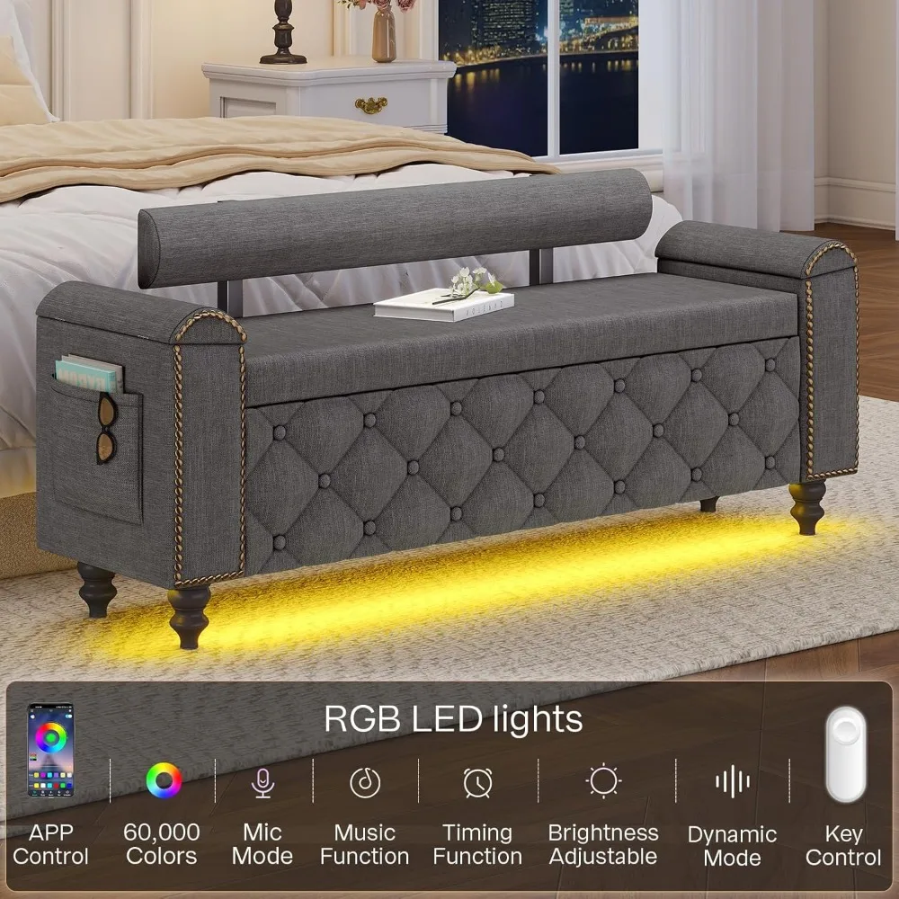 51인치 수납형 오토만, 등받이가 있는 수납형 오토만 벤치, 곡선형 팔걸이가 있는 터프티드 현관 벤치