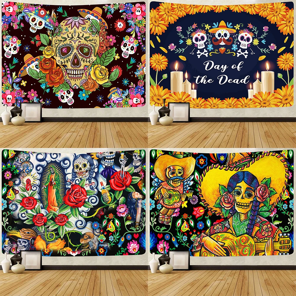 Day of the Dead Mexican Carnival Sugar Skull Wall  Tapestry Hanging Living Room Decoration Background Cloth