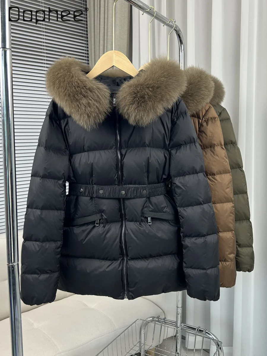 

White Duck Down Coats Hooded Fox Fur Collar Elastic Belt Zipper Wram Down Jacket for Women 2024 New Winter Casual Parkas