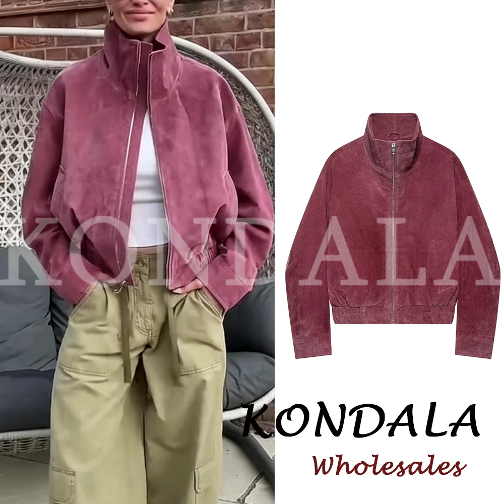 KONDALA Vintage Streetwear PU Woman Autumn Cool Pilot Jacket Loose Zipper Pink Outwear Fashion 2026 Casual Pockets Female Jacket