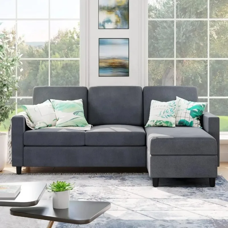 Convertible Sectional Sofa Couch,Linen Fabric L-Shaped,3-Seat Sofa Sectional with Reversible Chaise for Living Room,Dark Grey