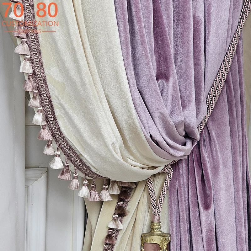 

Customised Premium Purple Cream Velvet Patchwork Curtains for Living Room Bedroom Villa Floor Window Finished Product