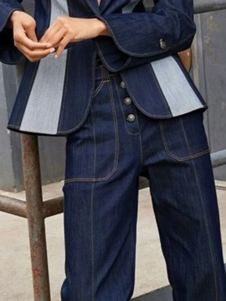 Bonboho Women\'s Jeans Buttoned High Waist Full-length Straight Trousers Deep Blue Contrast Color Commuter Pants for Female