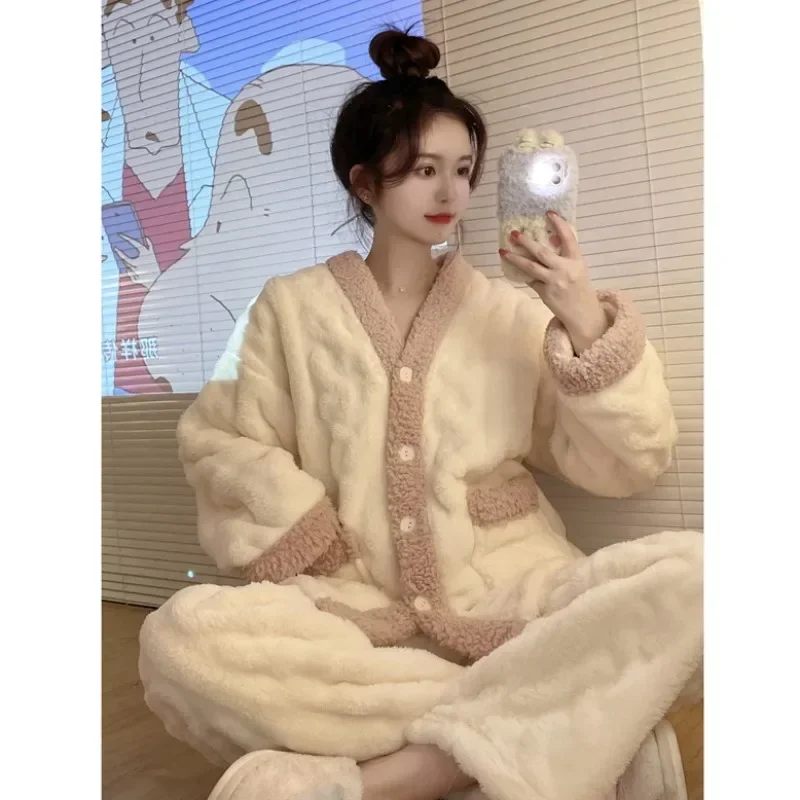 Coral Fleece Pajamas Women New Autumn and Winter 2024 Thickened Fleece-lined Graceful Couple Online Celebri Home Wear Set