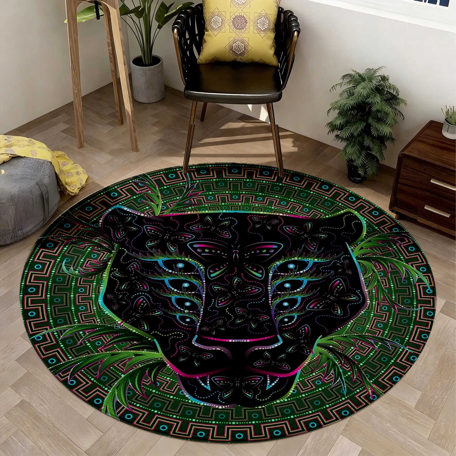 Bohemian Tribal Jaguar Print Round Area Rug Ethnic Moroccan Style Living Room Boho Floor Mat Decor Statement Carpet