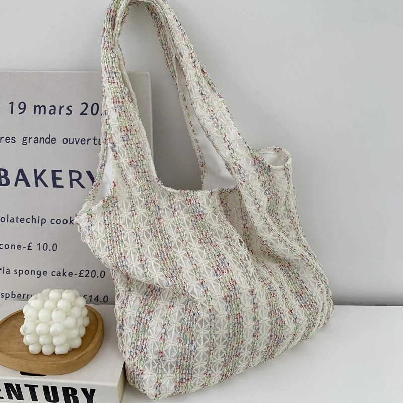 

Knitted Lace Women's Tote Shoulder Bag Large Capacity Portable Ladies Shopping Bags Retro Colorful Female Casual Vest Handbags