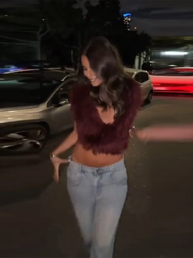 Seksowna bluzka bez pleców z kapturem ze sztucznego futra, wiązana na sznurowadła, z dekoltem w serek, bez rękawów, codzienna kamizelka w kolorze burgundowym, modny nowy strój na imprezę, zimowy.