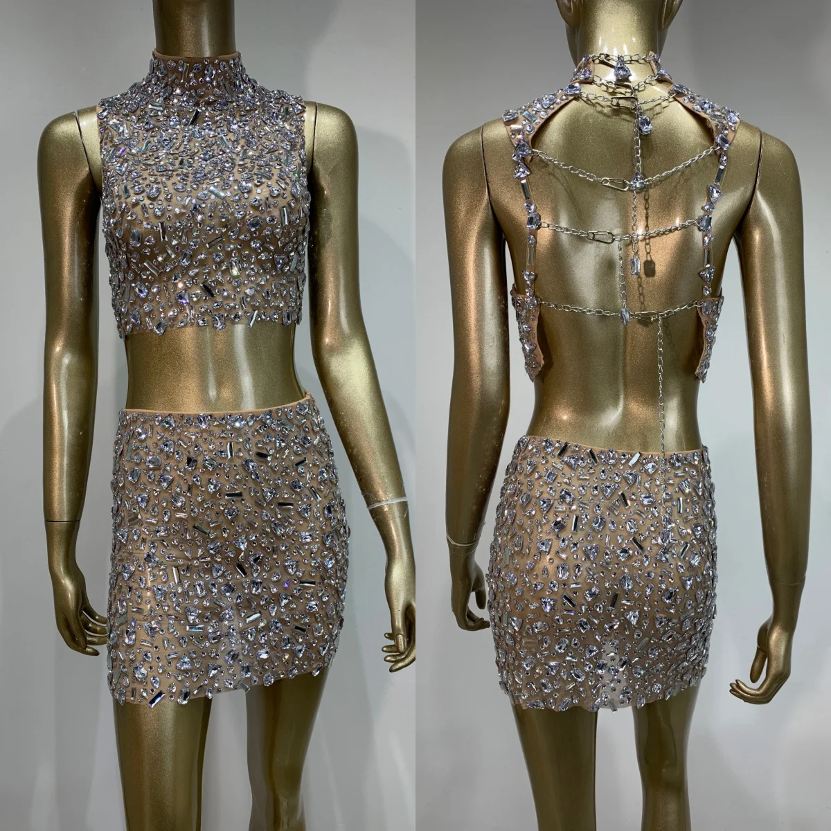 Women Sexy Two Pieces Set Sparkly Crystal Diamond Nightclub Skirt Suits Singer Dancer Mesh See Through Stage Performance Costume