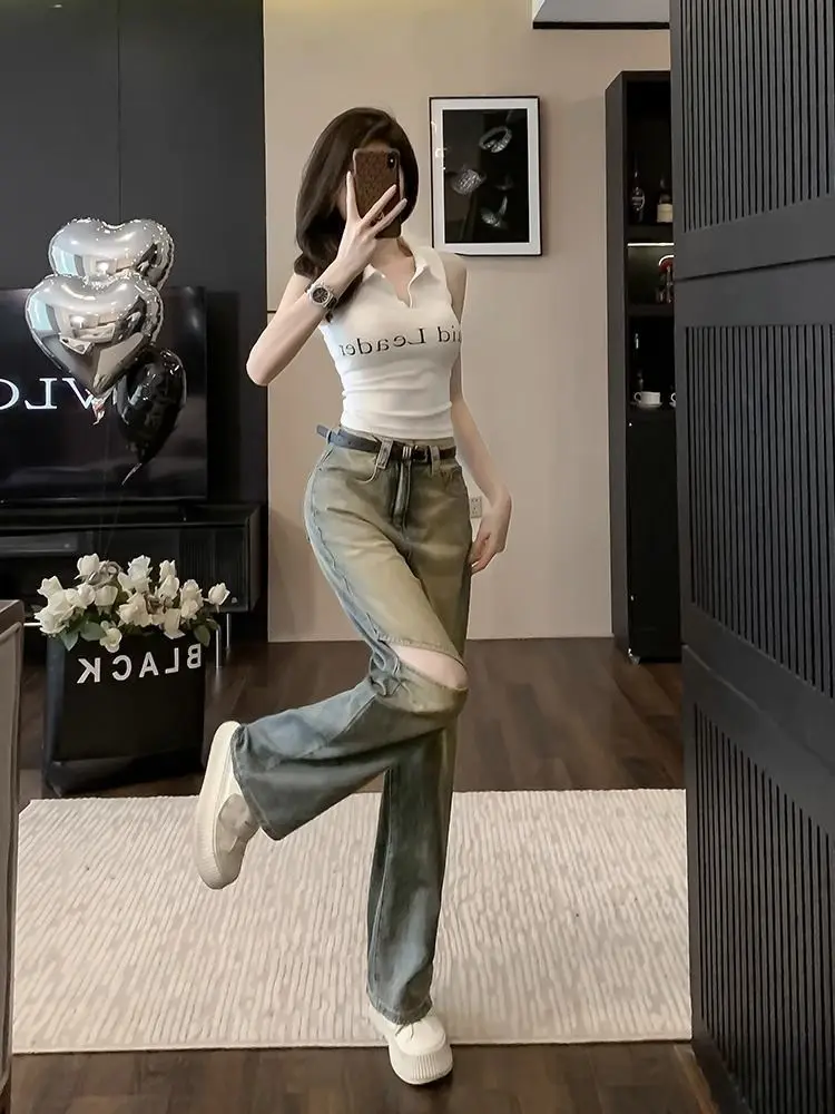 Cowboy Pants for Woman Straight Leg Ripped Trousers High Waist Shot Retro Women's with Holes Jeans on Sale Wholesale Clothing R