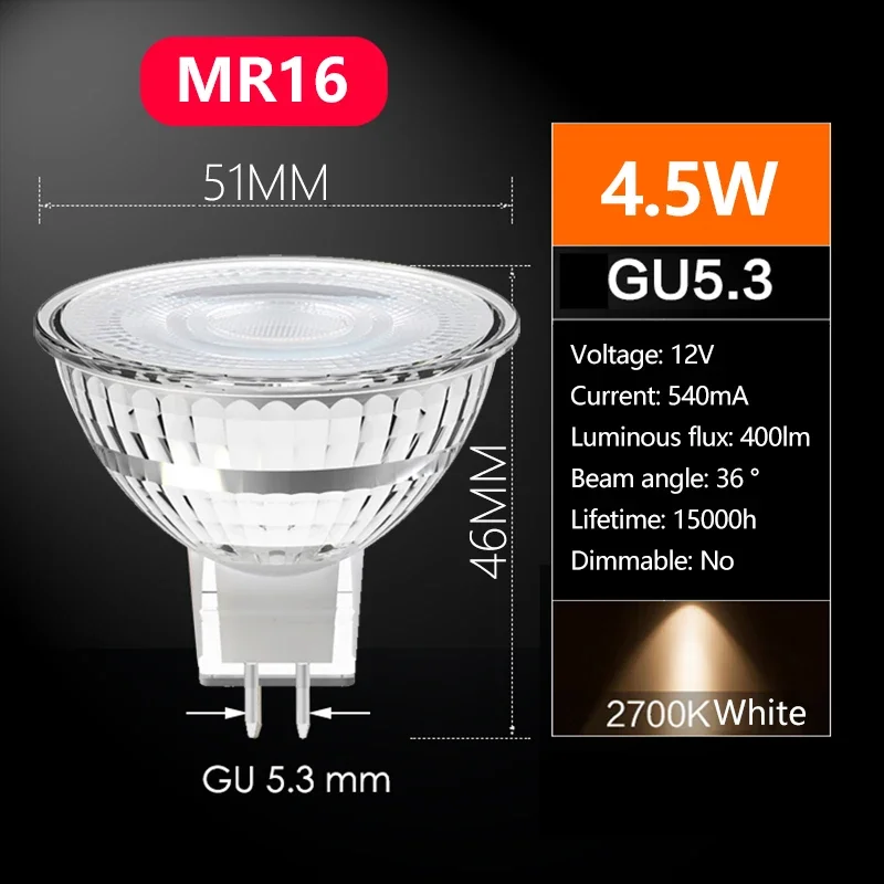 10 قطعة لأوسرام LED قيمة MR16 4.5 واط 12 فولت GU5.3 قاعدة 36 درجة 2700 كيلو دافئ أبيض الجهد المنخفض LED عاكس مصابيح ضوء غرفة المنزل