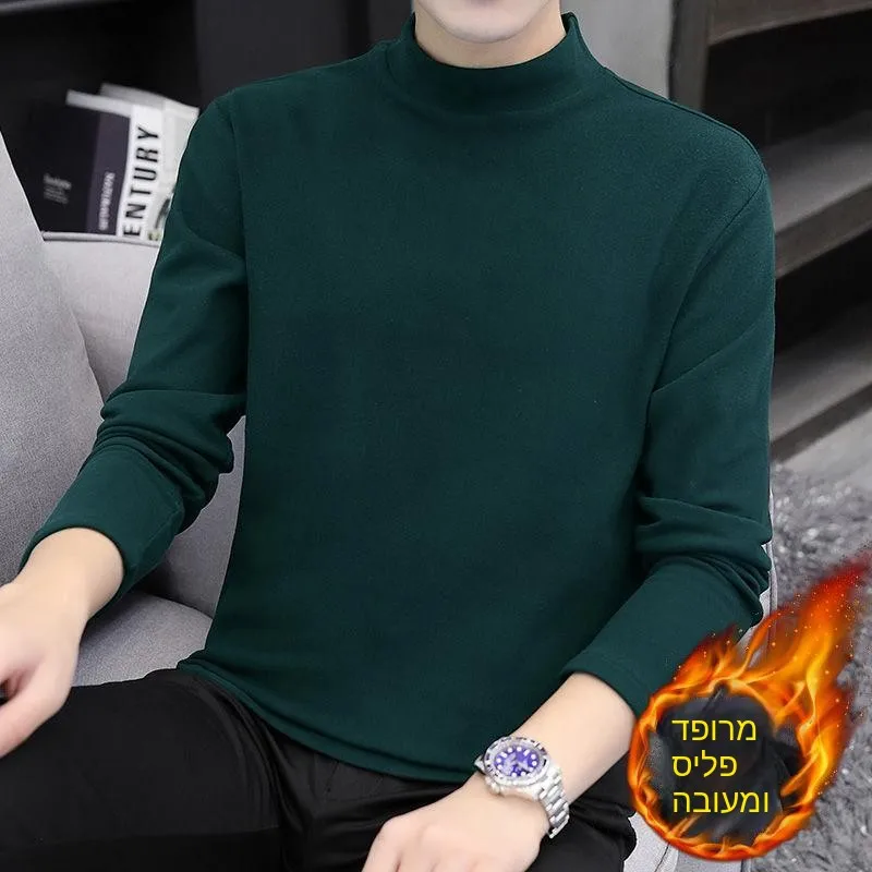 Thickened Half-High Collar Men's Knitted Sweater Pure Color Integrated Fleece Autumn Winter Warm Middle-Lined Base Shirt