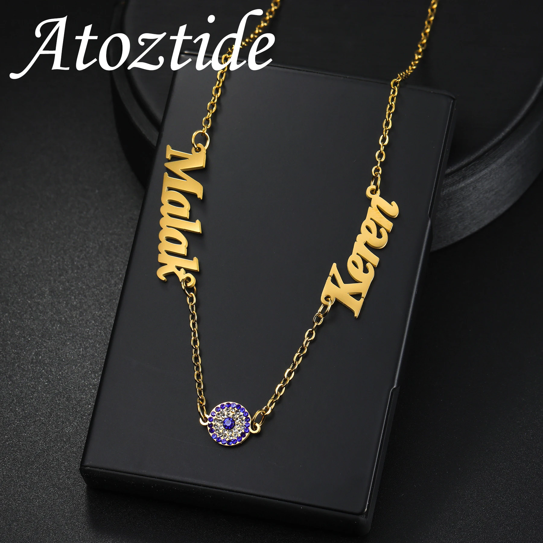 

Atoztide Custom Multiple Names Necklace for Women Personalized Zircon Blue Eye Heart Choker Chain Stainless Steel Jewelry Gift