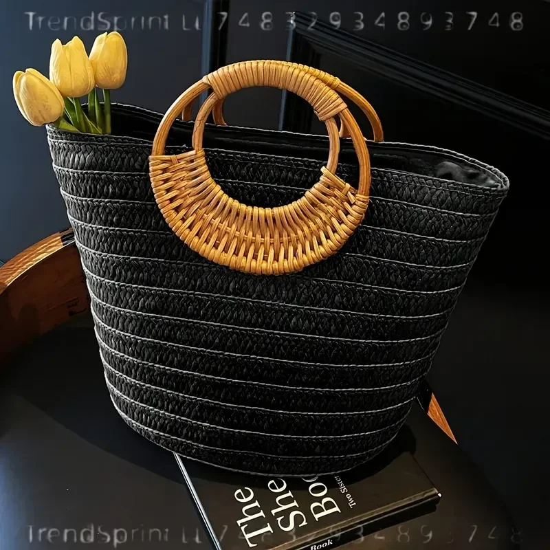 Women Summer Woven Paper Tote Bag Large Capacity Solid Color Round Wooden Handle Beach Handbag Casual Outdoor Vacation view 4