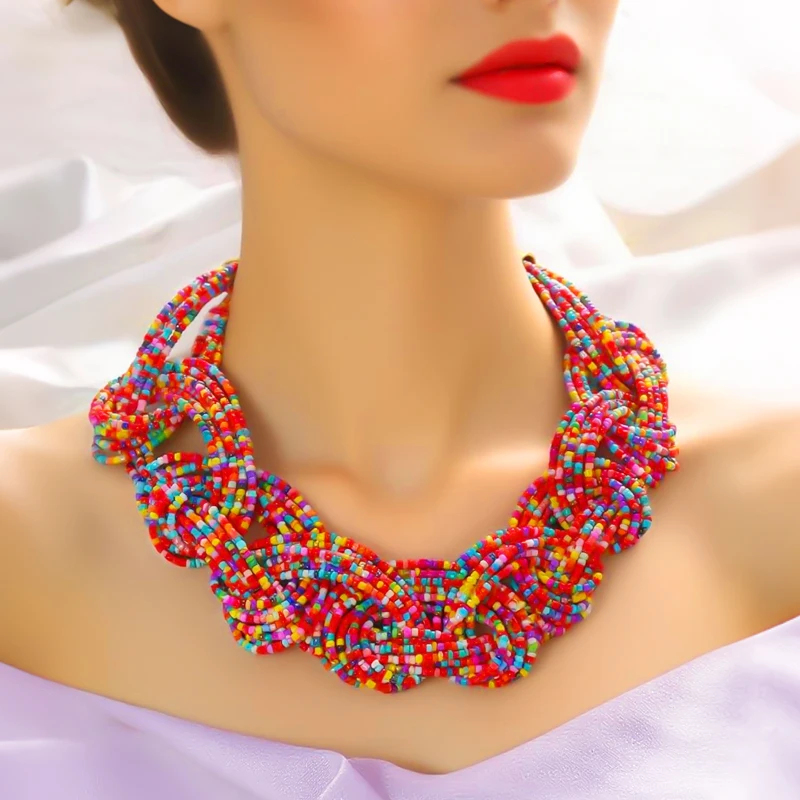 A fashionable Bohemian-style necklace made with multi-color small beads, hand-strung and woven by hand.