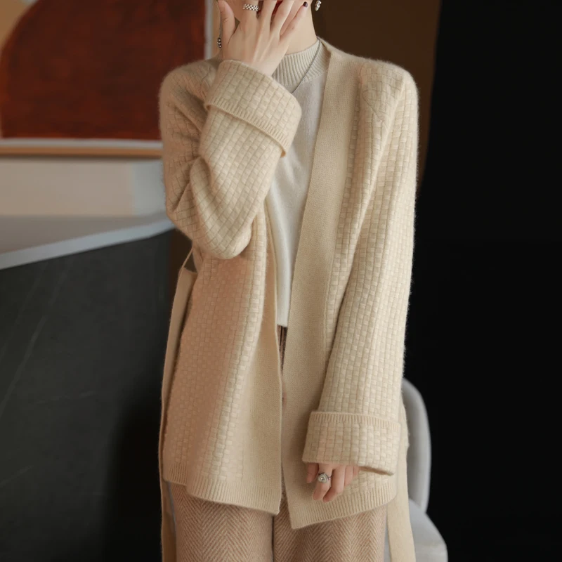 2024 Autumn and Winter Pure Wool Knit Women's Coat Fashionable Elegant Top Versatile Simple Solid Color Waist Tight Wool Coat