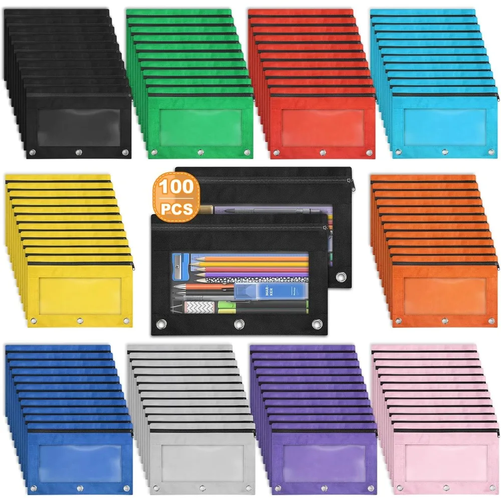 

Pencil Pouch for 3 Ring Binder - 100 Pack in 10 Colors, Smooth Zipper, Clear Window Case - Bulk Pouches