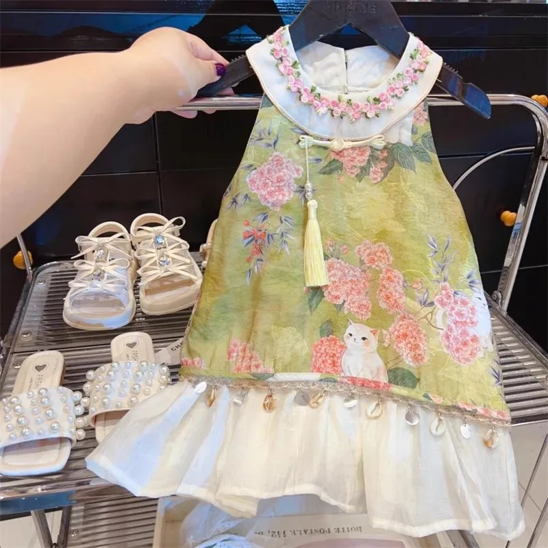 

TOY-Girls' Traditional Chinese Style Dress2025Summer Sleeveless Cartoon Cat Vest Dress for Baby Girls New Chinese Style Retro Ch
