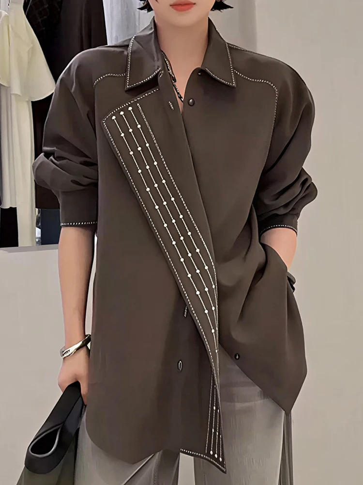 

YERMORA коричневая нерегулярная рубашка со стразами, пальто для женщин, свободная новая куртка с длинными рукавами и лацканами, модная осень-весна 2025