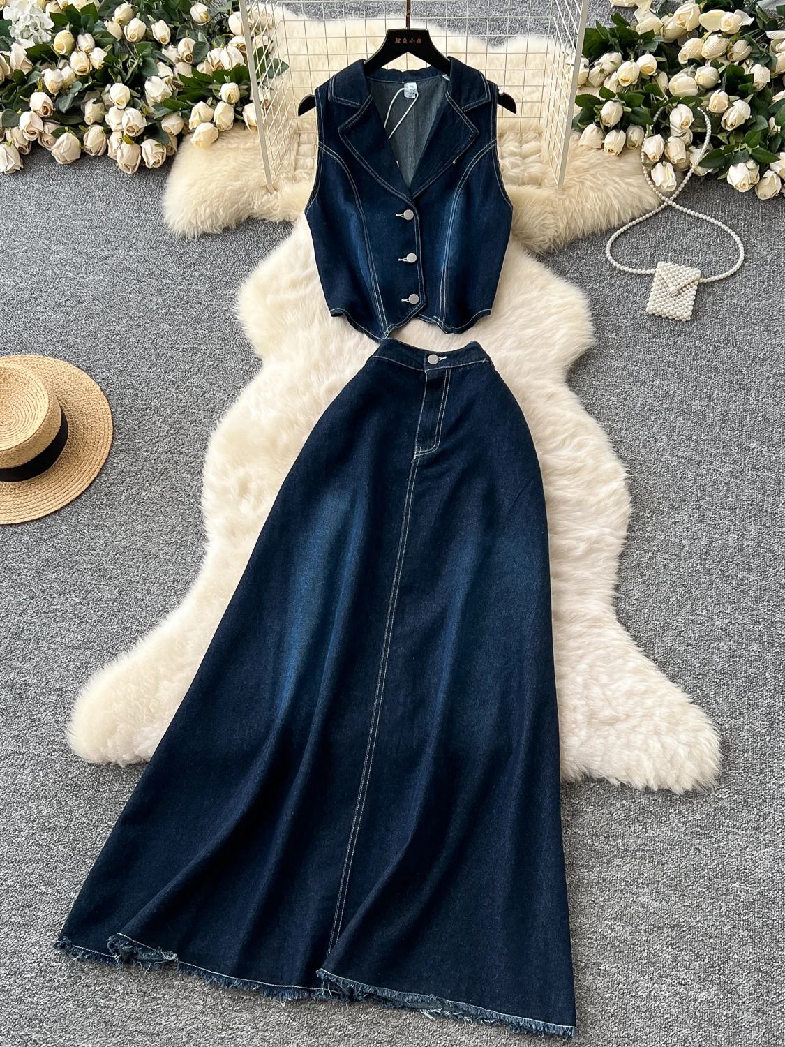 

High Waist Denim Skirt And Blouse Set Women's Summer Faion Svel Suit Collar Two-Piece Ensemble Light Maturi Trend