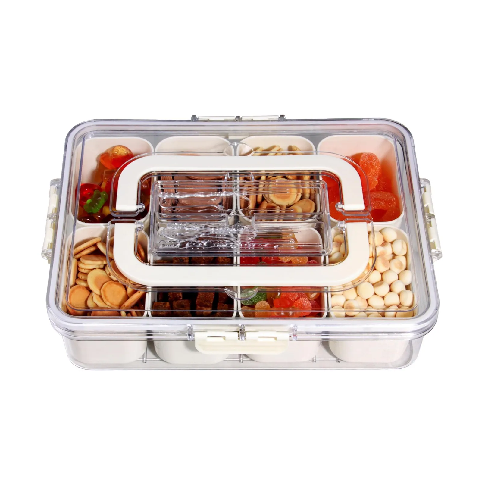 Portable Snackle Box Container  Divided Serving Tray with Lid and Handle Clear Snack Box Organizer for Fruits Candy, Snacks