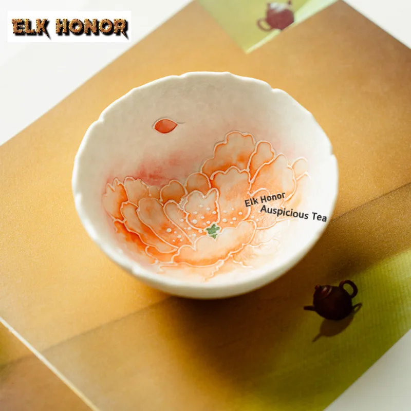 

100ml Pile Carve Peony Teacup Elegant Tea Bowl Tea Pair Tea-tasting Meditation Cup Jianzhan Master Cups Tea Ceremony Accessories