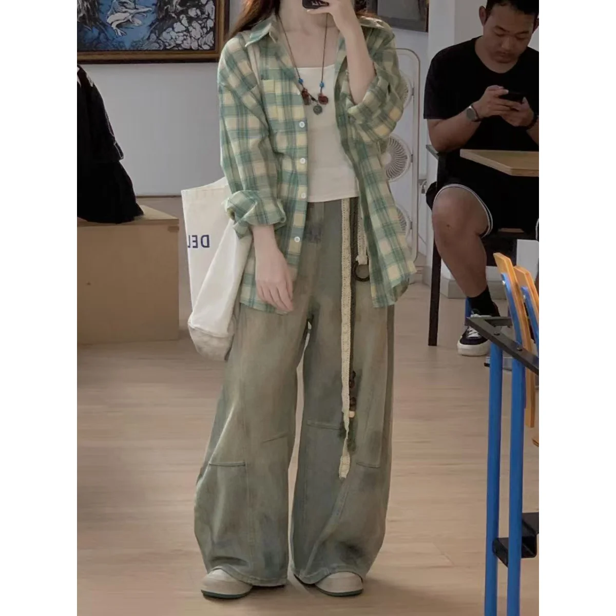 하이웨이스트 와이드 레그 진 여성용 가을 신상 루즈핏 슬림핏 바닥까지 오는 데님 팬츠