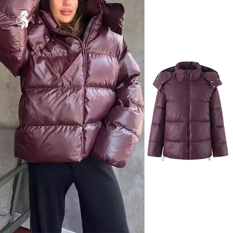 

Womens Warm Cotton Jacket Stand Collar Zipper Loose Fit With Detachable Hood Quilted Autumn And Winter Casual Coat Woman Clothes