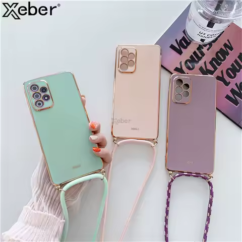 Luxury Plating Crossbody Strap With Lanyard Phone Case For Samsung Galaxy S24 S23 Ultra S22 S21 Plus Soft Silicone Bumper Cover