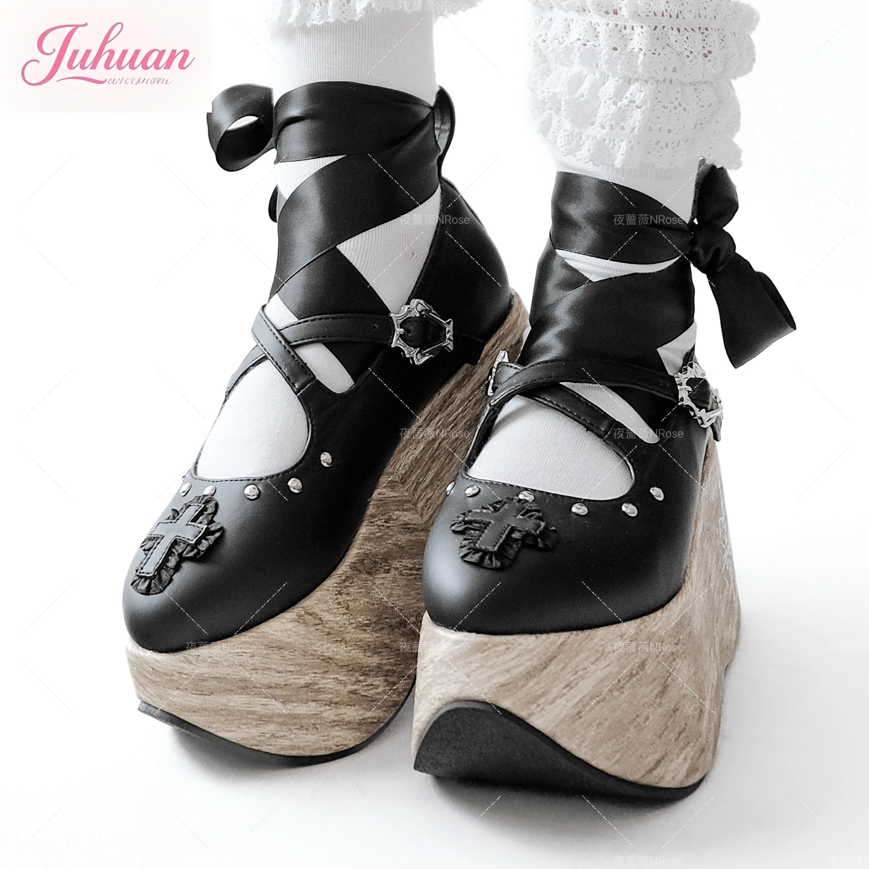 

Original Japanese Doll Goth Wood Grain Platform Muffin Shoe Female Goth Subculture Strap Cross Y2k Rocking Horse Shoes for Women